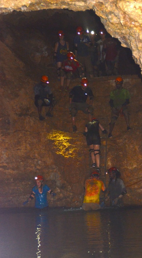 Cavers entering the lake, Harrison's Cave