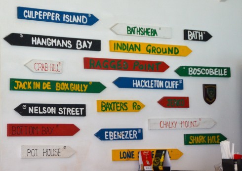 Signposts in Mullins Bay Bar