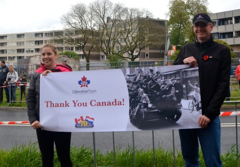 John & Lauren with Liberation Tours Banner in Wageningen