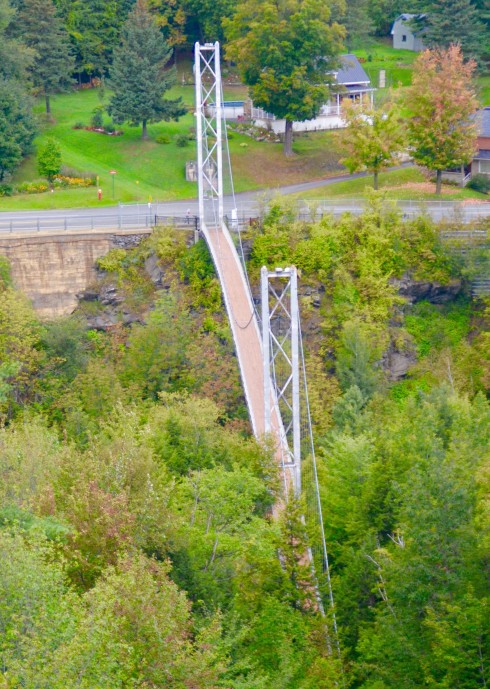 Looking down at the Coaticook Gorge Suspension Bridge