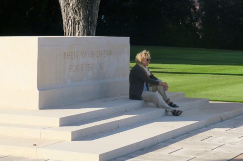 Alison Contemplating the Dead at the Beach Head Stone of Remembrance